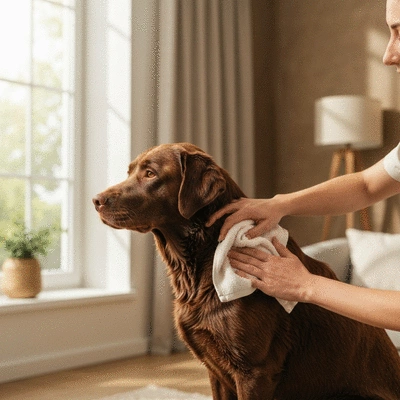 Dog being gently towel-dried after a bath, showing healthy, shiny coat