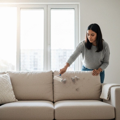 Person using a lint roller on a sofa, removing dog hair