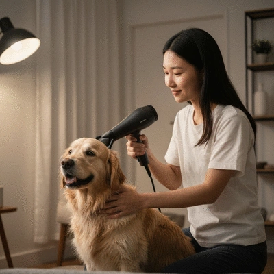 Person gently blow drying a golden retriever after a bath, showing care and patience, no text, no words, no typography, clean image