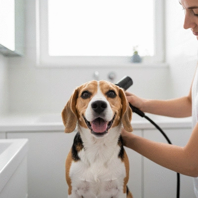 Happy dog being gently blow-dried by owner after a bath, clean modern bathroom, no text, no words, no typography, no labels, clean image