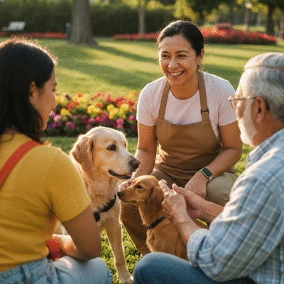 Happy dog owner interacting with other dog owners at a community event, discussing pet grooming, vibrant colors, no text, no words, no typography, clean image