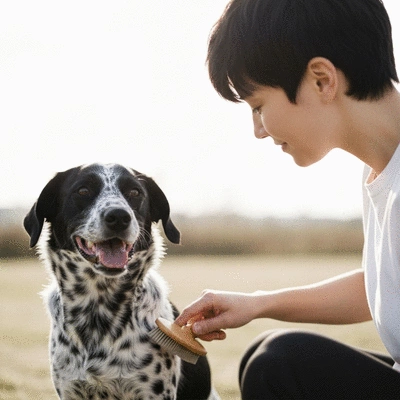 Person gently brushing a happy dog's coat outdoors, showing a calm bonding experience, no text, no words, no typography, no labels, clean image