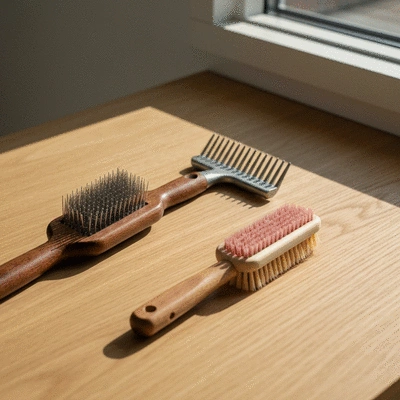 Assortment of dog grooming tools including slicker brush, undercoat rake, and bristle brush on a clean wooden surface, no text, no words, no typography, no labels, clean image