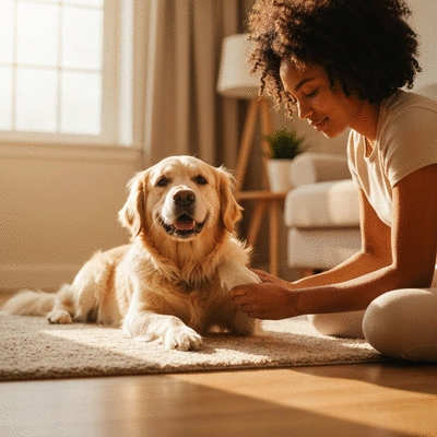 Older dog comfortably receiving a gentle paw massage during a grooming session