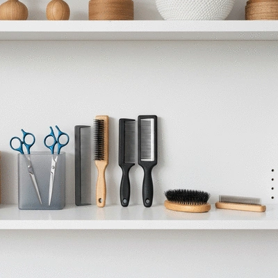 Organized dog grooming tools on a shelf