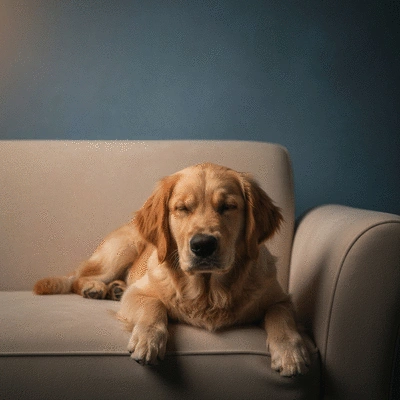 Dog resting comfortably on an odor-resistant sofa, clean and fresh home environment