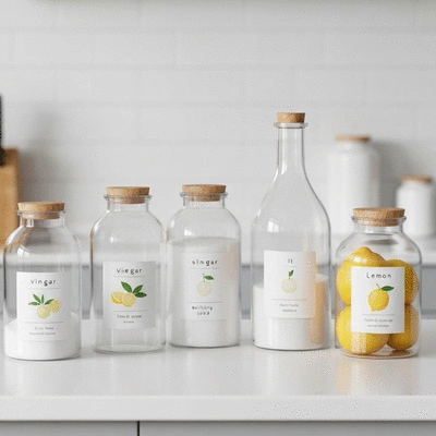 Various natural cleaning ingredients like vinegar, baking soda, and lemon in aesthetically pleasing containers on a kitchen counter