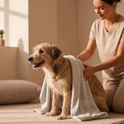 Dog being gently towel-dried after a bath