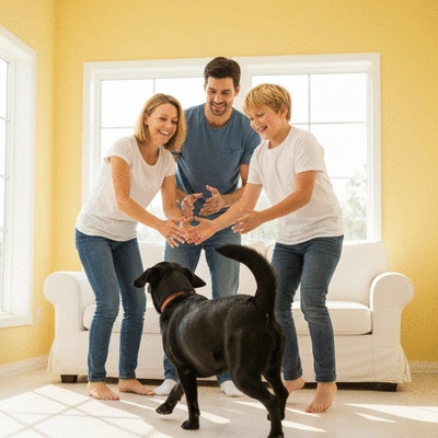 Happy family (parents and child) playing with their dog in a clean, fresh-smelling living room, no text, no words, no typography, no labels, clean image