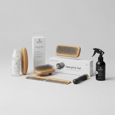 Assortment of dog grooming tools on a clean background