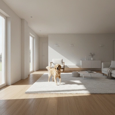 Clean home with a happy dog playing on a fresh rug