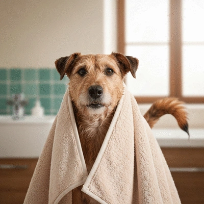 Dog being gently dried with a soft towel after a bath, happy and comfortable expression, no text, no words, no typography, clean image