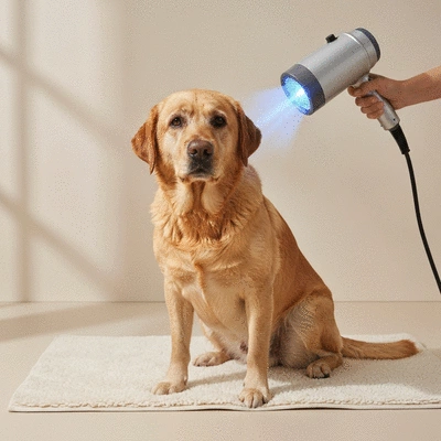Dog being gently dried with a high-velocity dryer in a clean, organized DIY grooming space