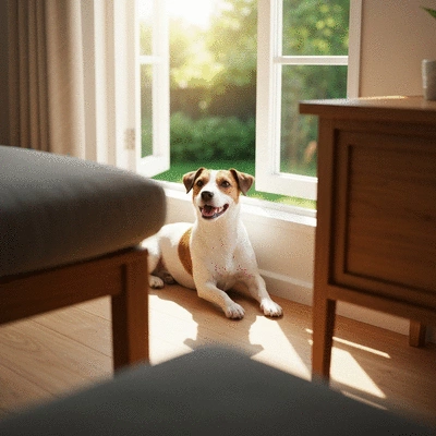Happy dog relaxing in a well-ventilated home environment near an open window