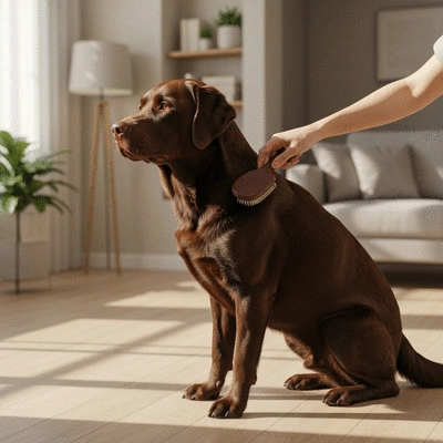 Dog being gently brushed with a soft brush, showing a healthy, shiny coat