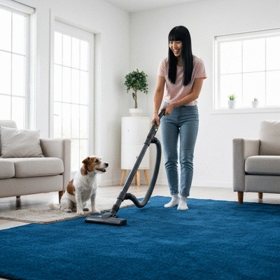 Dog owner actively cleaning their home, vacuuming a carpet with a dog watching nearby, no text, no words, no typography, no labels, clean image