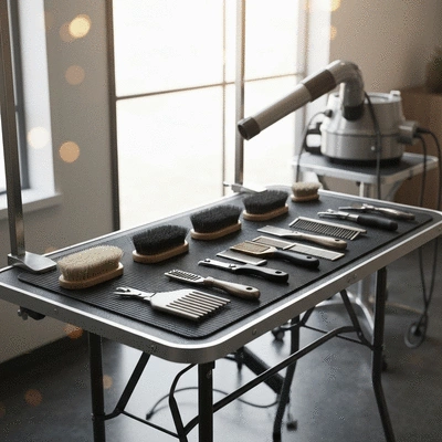 Organized DIY dog grooming station with various tools and products neatly arranged