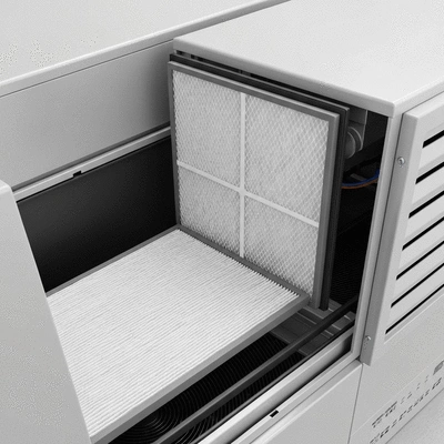 Clean air filter being inserted into an HVAC unit, no text, no words, no typography, no labels, clean image