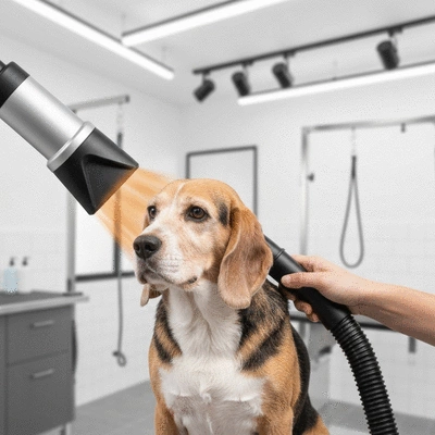 High-velocity dog dryer in use on a medium-sized dog with thick fur, professional grooming setting, no text, no words, no typography, clean image