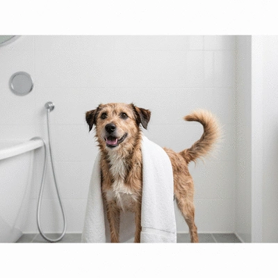 Happy dog being towel dried after a bath, clean white bathroom background, no text, no words, no typography, no labels, clean image