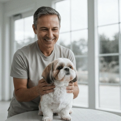 Happy pet owner with a freshly groomed dog, reflecting client satisfaction