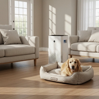 Modern air purifier running in a spacious, pet-friendly living room