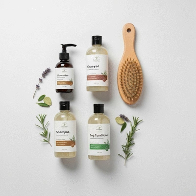 Various natural dog grooming products on a clean, minimalist background
