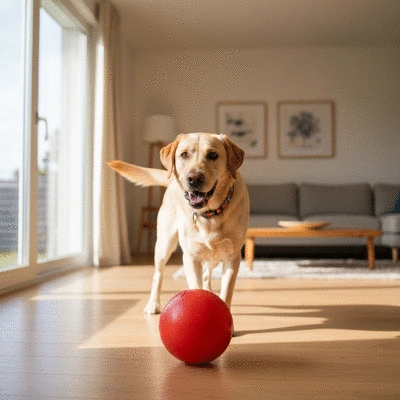 Happy dog playing in a clean, modern home environment
