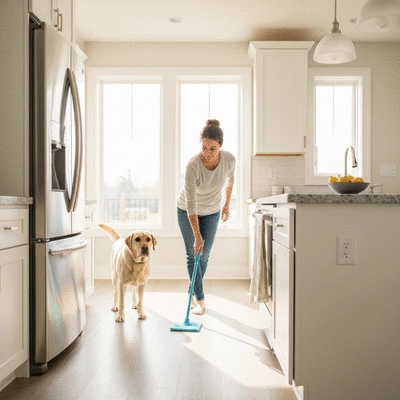 Dog owner cleaning kitchen floor with pet-safe cleaner, dog watching curiously from a distance, bright and clean home environment, no text, no words, no typography, no labels, clean image