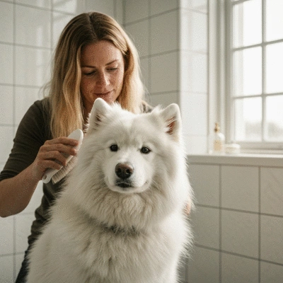 Dog being groomed by owner with brush and pet-safe shampoo