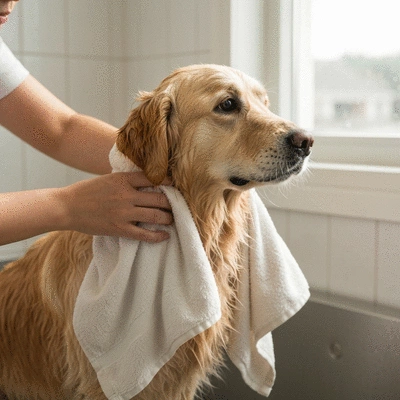 Person carefully towel-drying a dog after a bath, focusing on preventing moisture retention, no text, no words, no typography, clean image