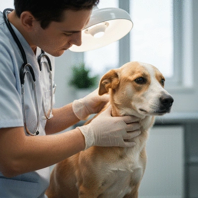 Veterinarian examining a dog's skin during a checkup, gentle lighting, focus on pet care