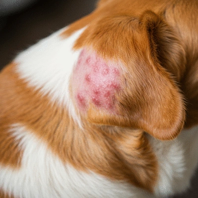 Close up of a dog with a rash on its skin, indicating allergies or irritation