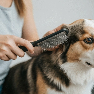 Person gently brushing a dog's fur with a slicker brush, showing care and bond
