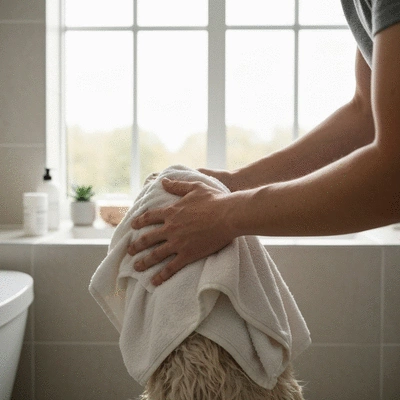 Owner gently patting a dog dry with a soft towel, focusing on careful technique