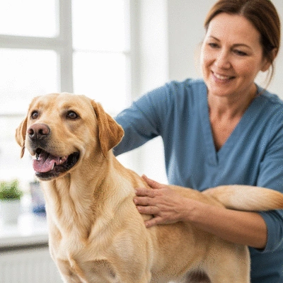 Happy dog being groomed, clean, healthy, and shiny coat